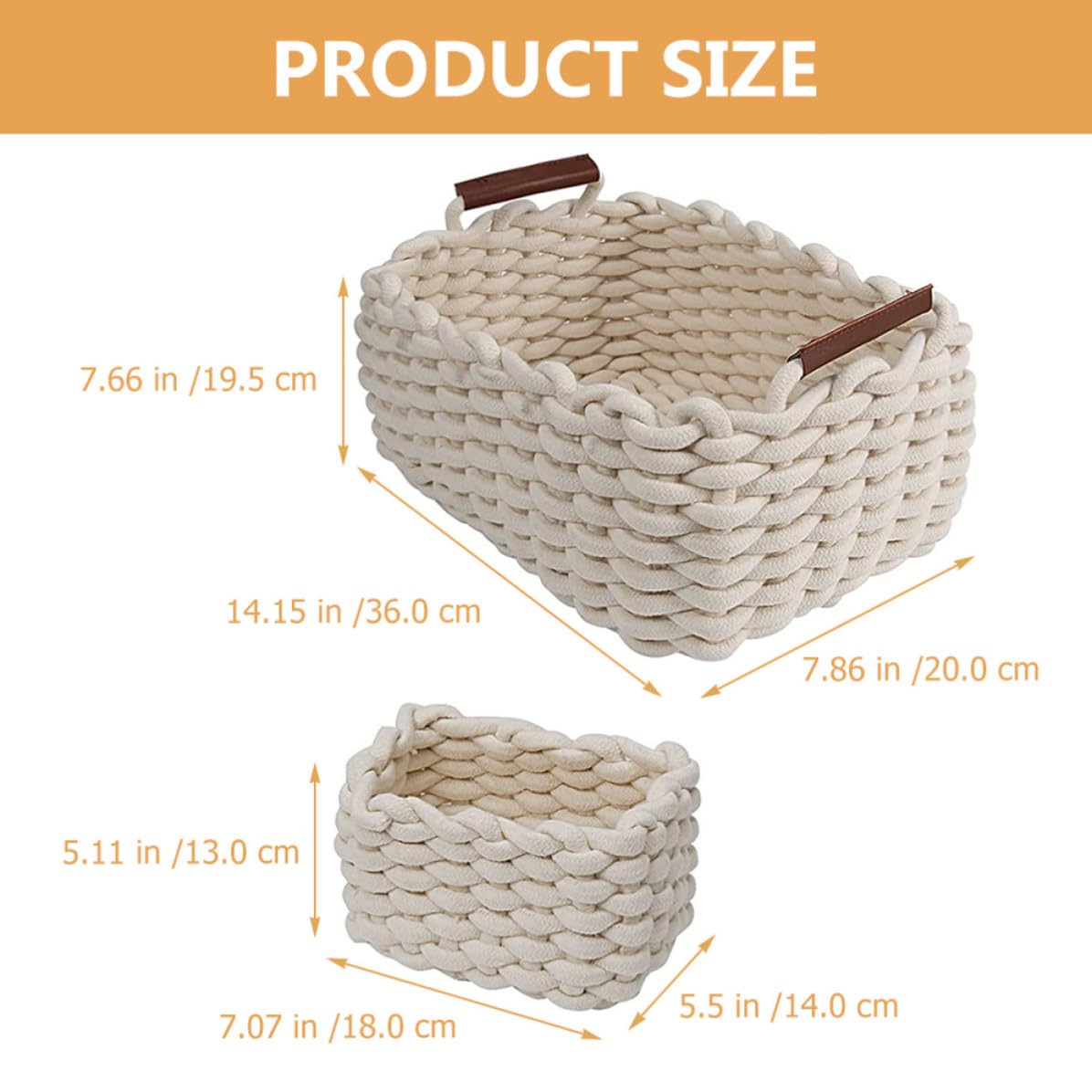 Cesta Portaoggetti Intrecciata in Corda di Cotone Bianca, Set 3 Pezzi | Manico in Cuoio, per Casa e Scaffale, Formato Piccolo e Grande, Adatta a Oggetti Vari