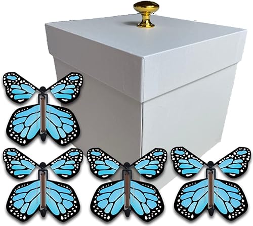 BUTTERFLYERS! Caja de mariposa explosiva blanca con mariposas voladoras monarca (4 mariposas voladoras monarca azul)