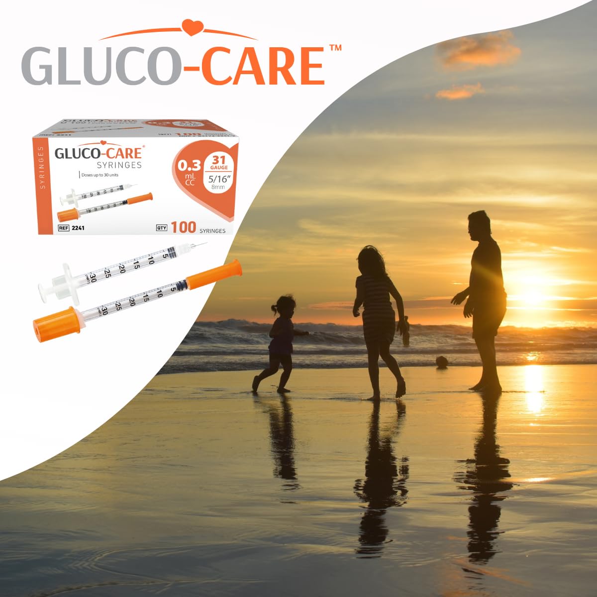 GLUCO-CARE Jeringas de 0.3 ml/cc de 31 g x 5/16 pulgadas (8 mm), tapa naranja, caja de 100 unidades