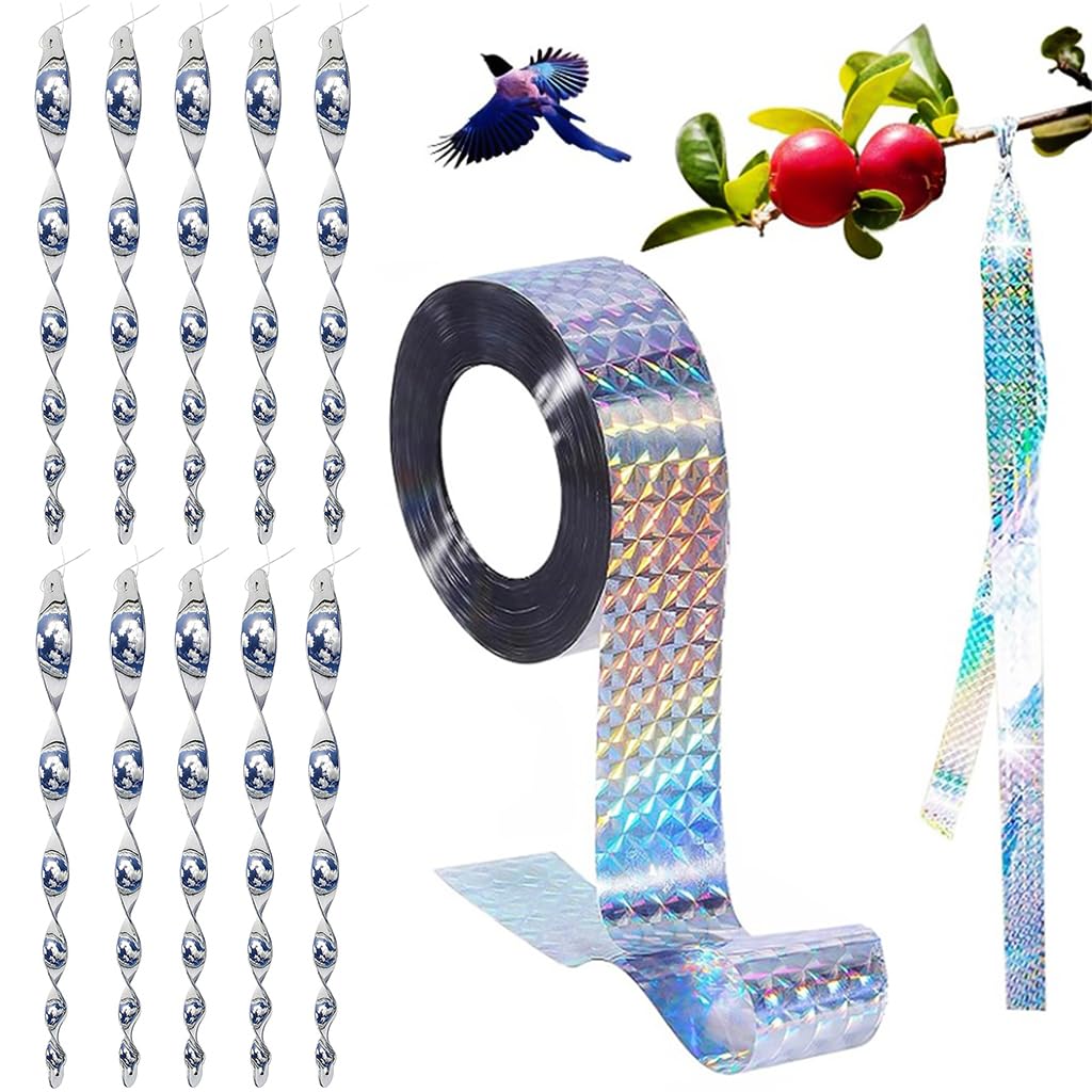 HASTHIP® 10pcs Anti-Bird Spiral Sticks & Holographic Bird Scare Tape 2.4cmx80m PET Reflective Bird Repellent Belt Garden 11.8 inches Silver Ornamental Bird Deterrent Sticks for Garden, Orchards-image-18