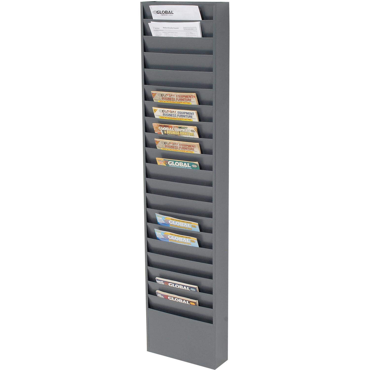 Global Industrial Steel Medical Chart Hanging Wall File Holder, 20 Pockets, Gray, Wall Mounted Magazine and File Folder Holder, 12-1/2