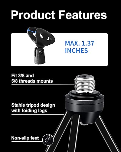Miniatura 2 de Soporte de micrófono de escritorio con soporte de clip para micrófono, trípode plegable con pies antideslizantes, soporte de micrófono de escritorio