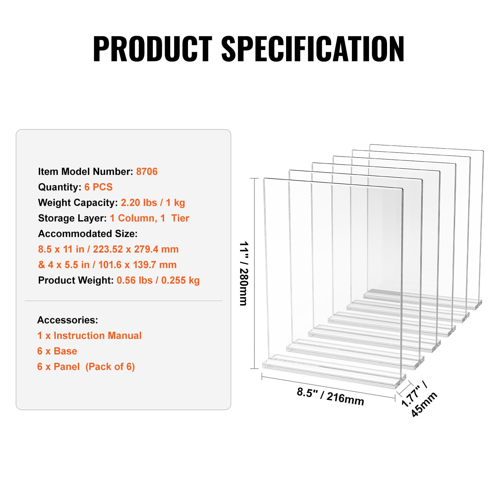 VEVOR Portacartelli in Acrilico 223,52 x 279,4 mm Porta Cartelli Bifacciali a Forma di T, Porta Brochure, Confezione da 6, Porta Menù da Tavolo in Acrilico Trasparente per Ristorante, Ufficio, Bar