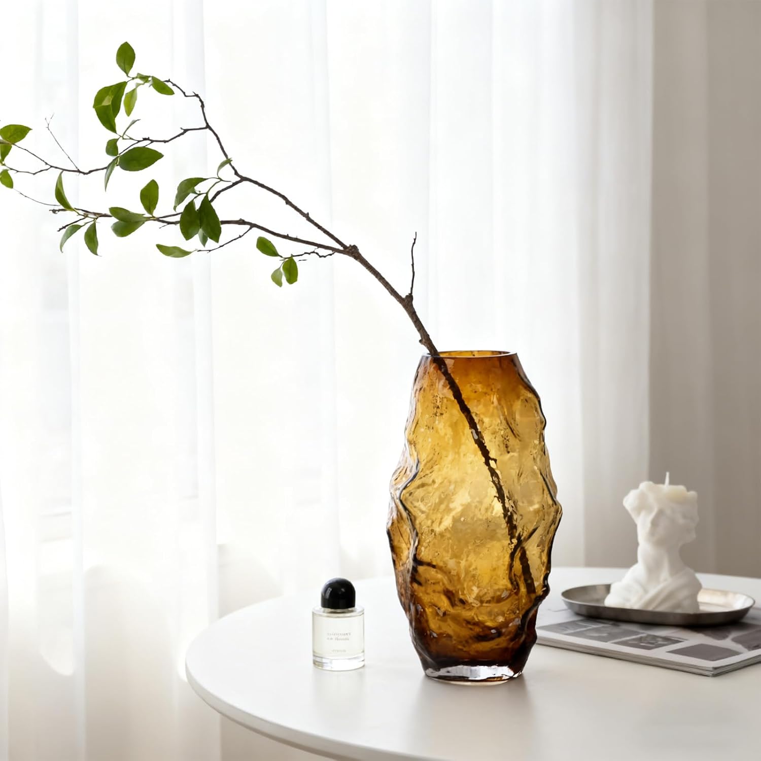 Amber Glass Vase 11in, Hand Blown Brown Flower Vase, Modern Vase for Pampas Grass & Fresh Flowers, Brown Centerpiece Vase, Amber Home Decor Vases