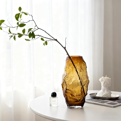 Amber Glass Vase 11in, Hand Blown Brown Flower Vase, Modern Vase for Pampas Grass & Fresh Flowers, Brown Centerpiece Vase, Amber Home Decor Vases