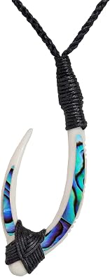 81stgeneration Hand-Carved Bone Long HEI Matau Pendant with Paua Shell - Mens Surfer Accessory - Handmade Maori-Style Fish Hook Cord Necklace - Abalone Tribal Jewelry for Women