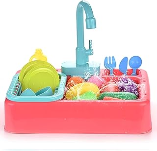 Interactive Sink Playset - Fun Sink with Working Faucet, Fruit & Vegetable Accessories, Plastic Plates, Fork & Knife, and Automatic Water System for Learning