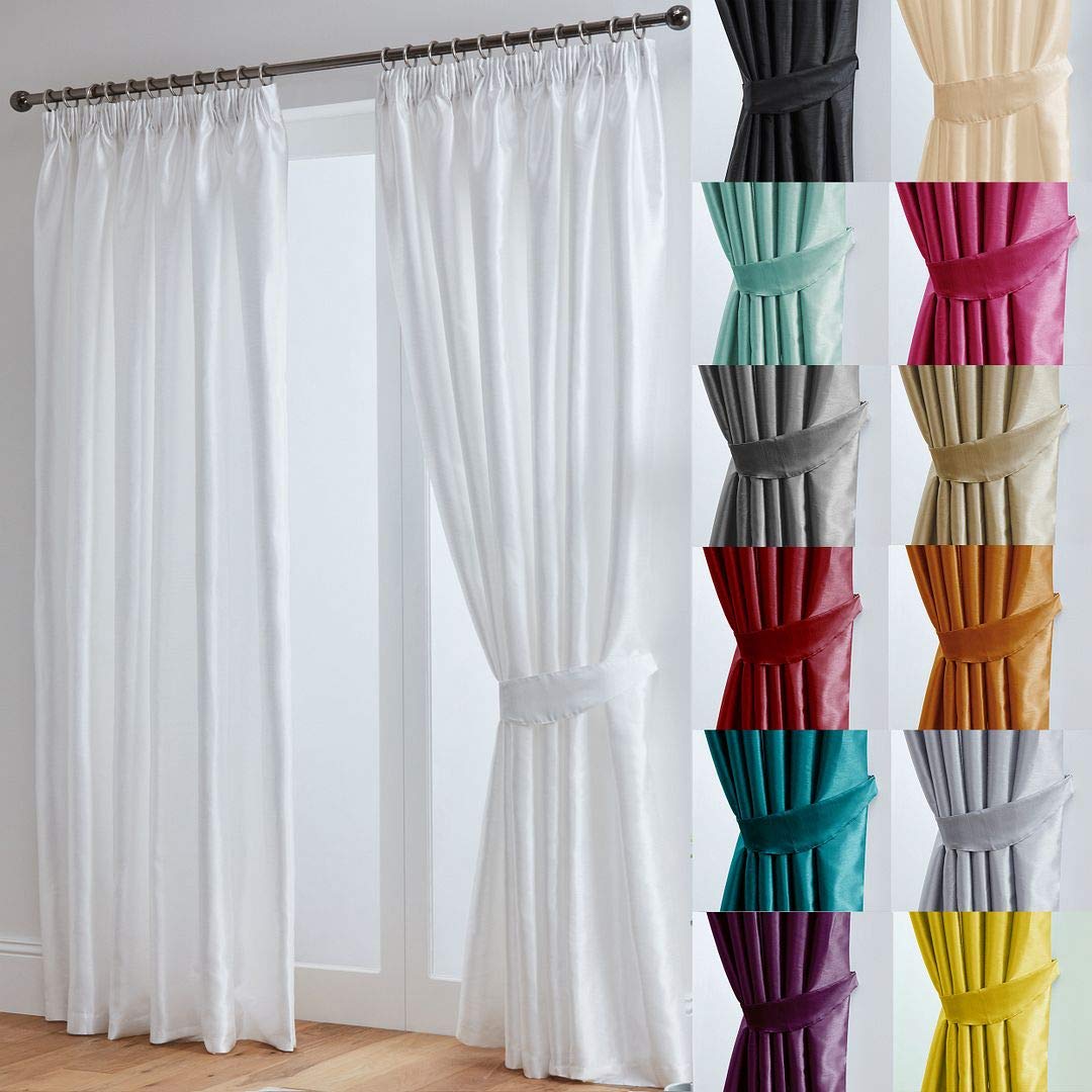 John Aird Luxury Faux Silk Fully Lined Pencil Pleat Curtains With Matching Tie Backs (White, 168cm Width x 183cm Drop (66"x72")