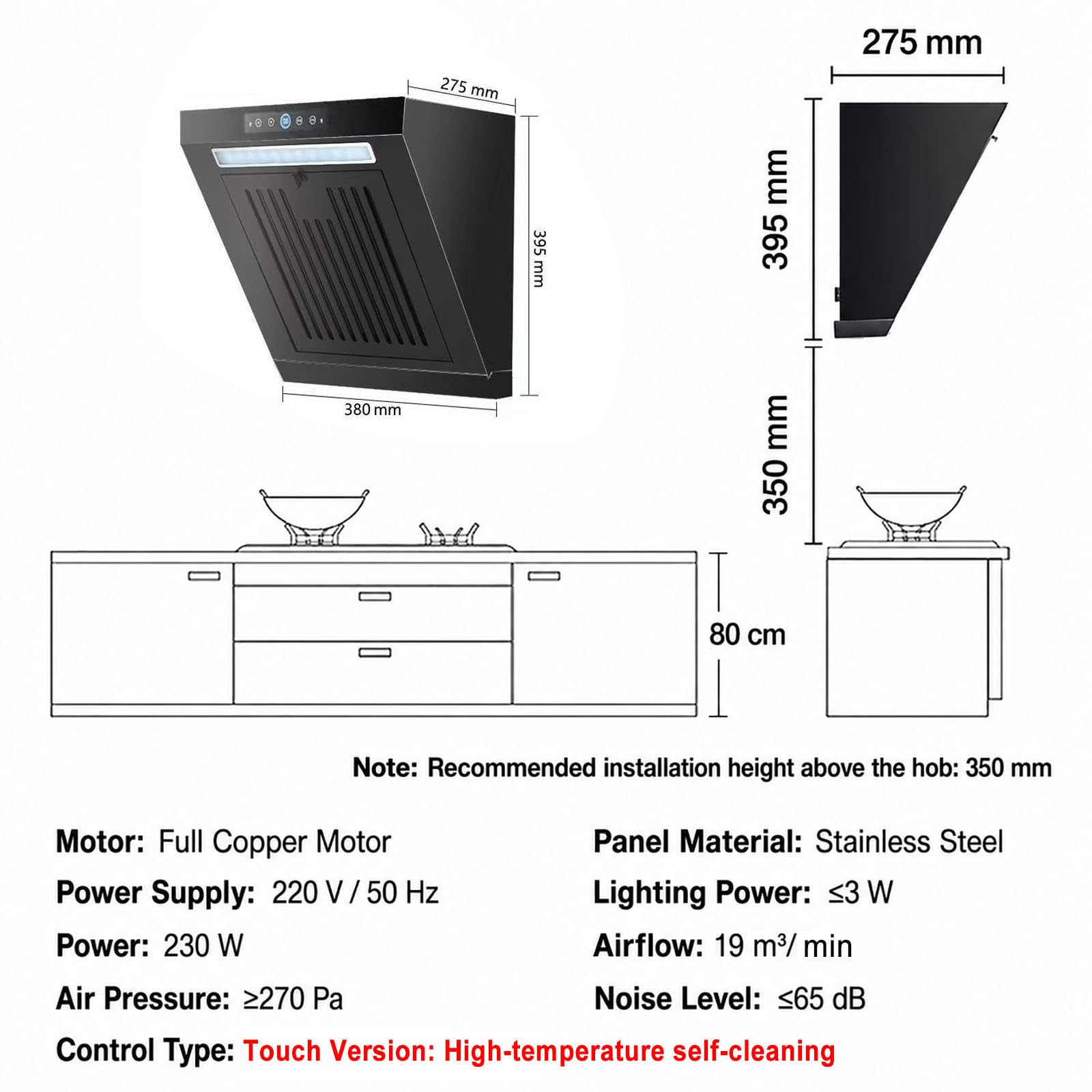Cappa Aspirante da Parete Compatta, Aspirazione da 19 M³/min, Filtro Antigrasso A Doppio Strato, Spegnimento Ritardato Black Touch-Control