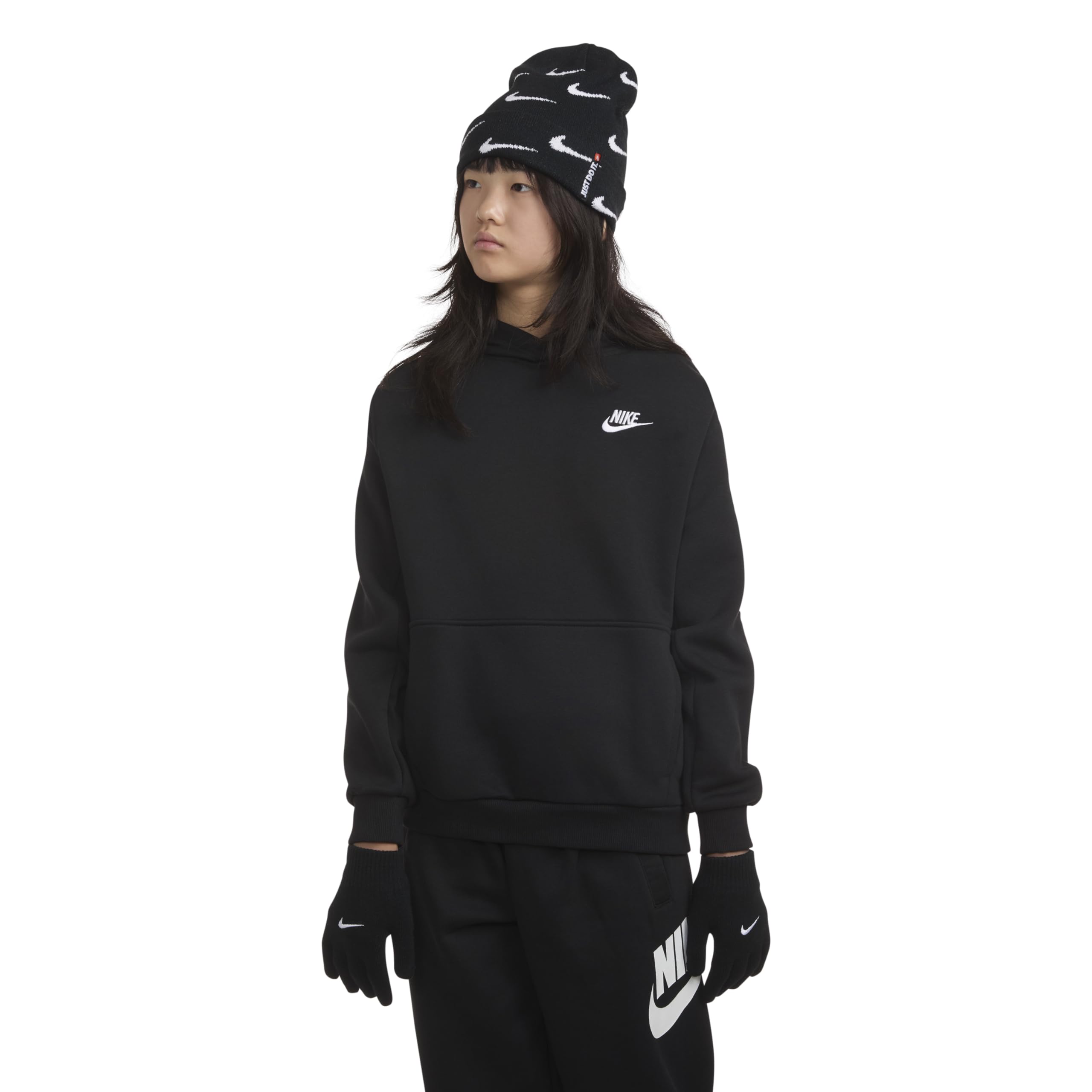 Nike Jungen (8-20) Strickmütze und Handschuhe Set Schwarz Weiß, GRAU