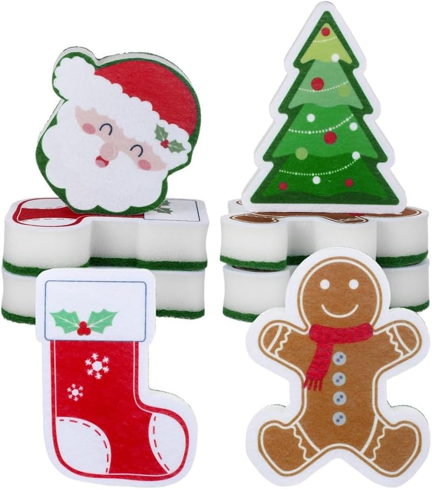 Image shows four different washing up sponges in the shape of a Christmas stocking, a gingerbread man, Santa and a Christmas tree.
