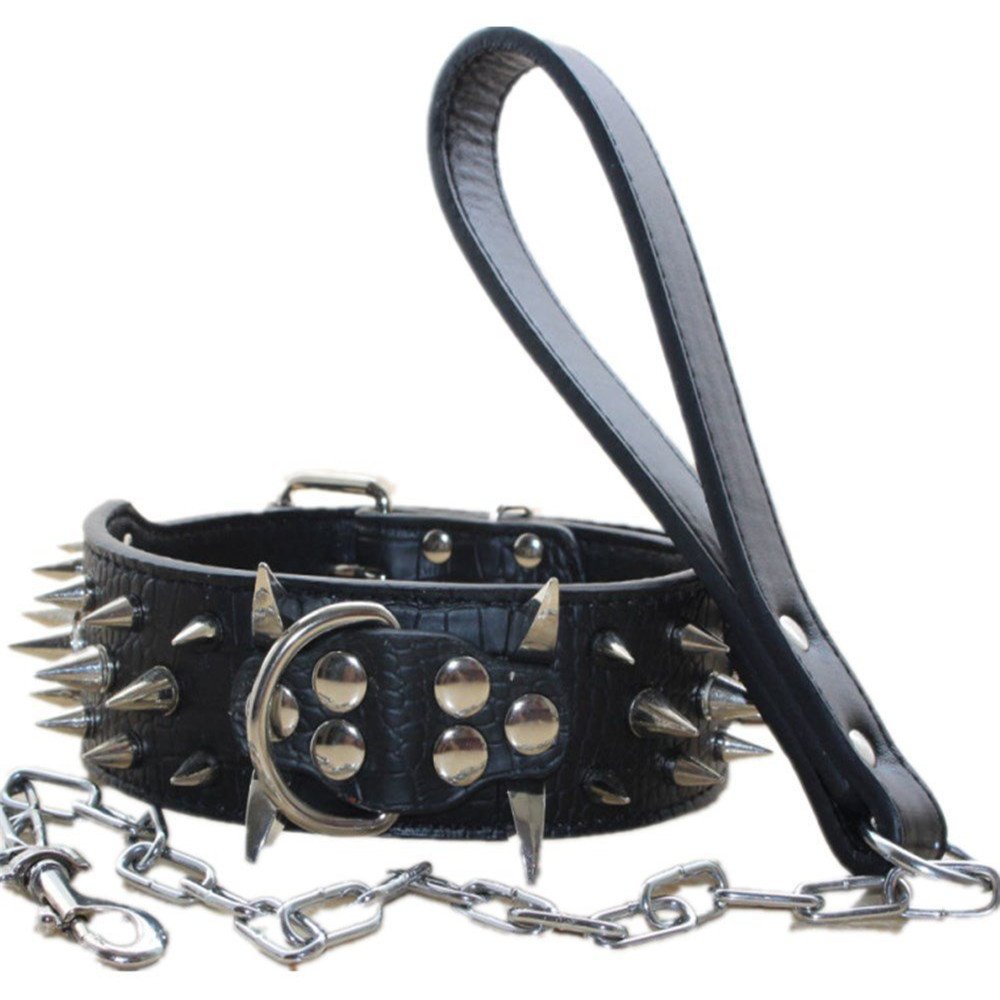 Amazon.com: avenpets púas afiladas tachonado Collar de perro de piel y la  correa 2 piezas. Set para Pitbull, Boxer mastín pastor alemán seguimiento  caminar, L, Negro : Productos para Animales