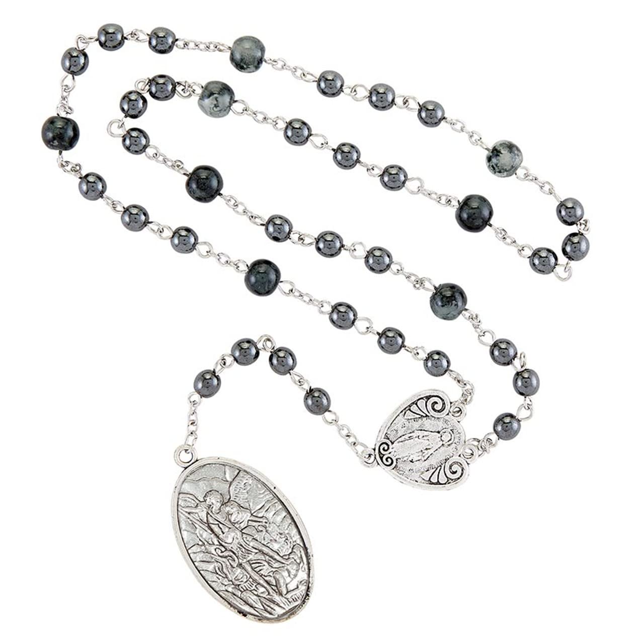 Elysian Gift ShopSaint Michael Chaplet with Recitation Instructions Hematite Pearl 6mm bead rosary and Tri-fold Prayer Card, Gray, One-Size