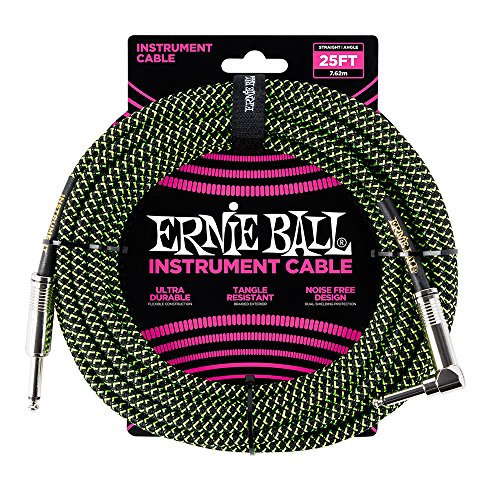 Image of Ernie Ball Braided Instrument Cable, Straight /Angle, 25ft, Neon Green /Black (P06066)
