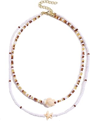Shell Starfish Fish Toggle Charm Necklace Stack Boho Colorful Pearl Beaded Necklace Summer Coastal Beachy Beach Hawaiian Choker for Women Men Starfish+Turtle