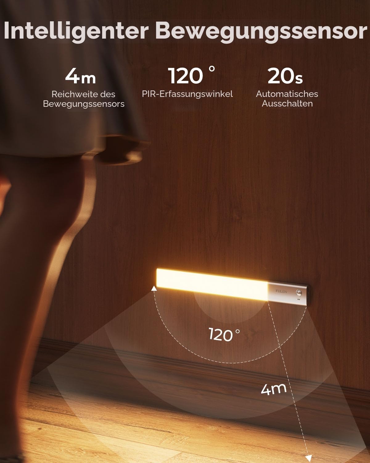 FULEN Unterbauleuchte Küche LED, Schrankbeleuchtung Lampe Bewegungsmelder Innen, 38cm led Licht Kabellos mit Batterie Wiederaufladbar, Unterschrank Beleuchtung Küche, 3 Farbtemperaturen, 2er-Pack