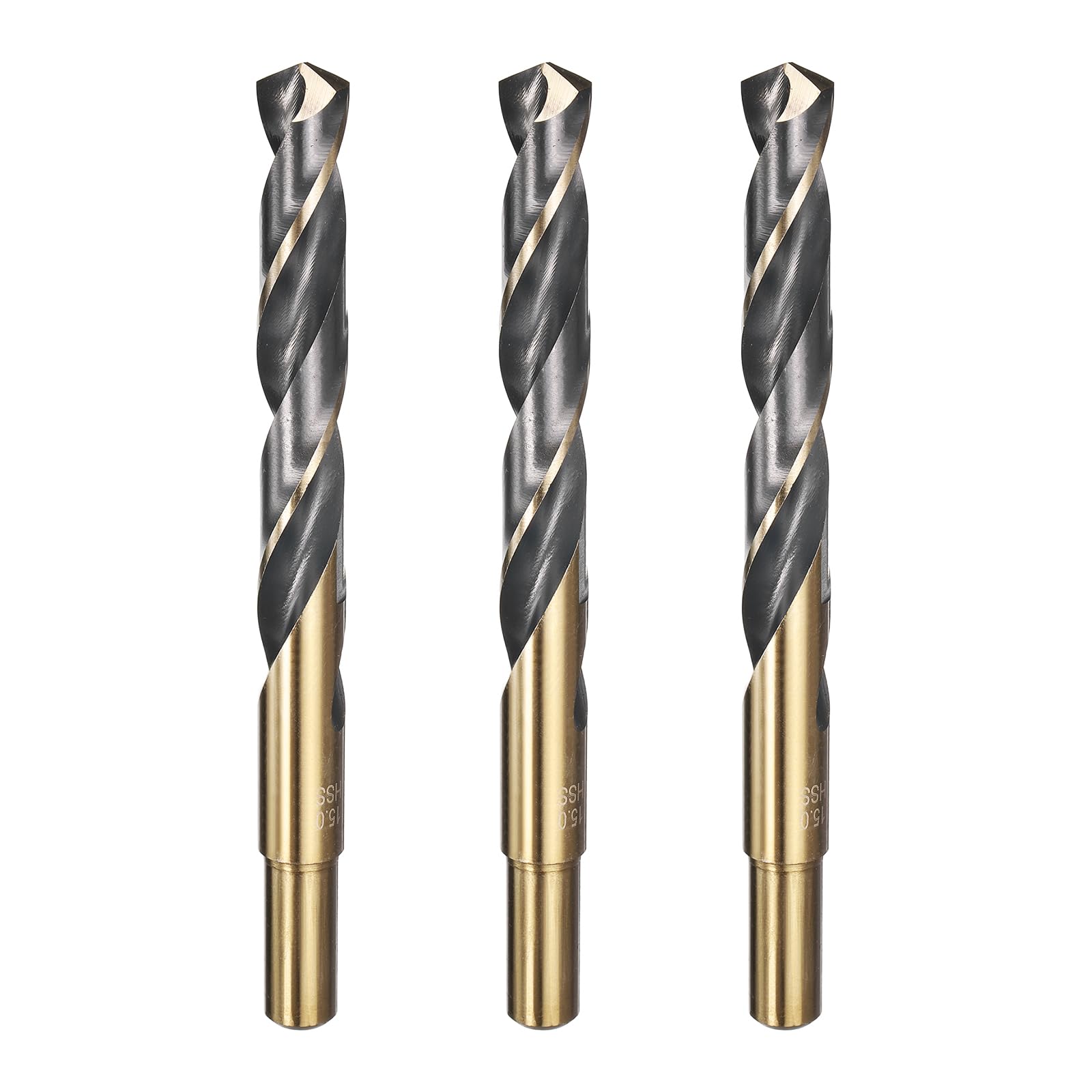 sourcing map 4pcs Reduced Shank Twist Drill Bit 15mm Dia 13mm Shank High Speed Steel M2 Black and Gold Oxide Finish Drill Bits for Drilling Hard Metals, Stainless Steel, Cast Iron