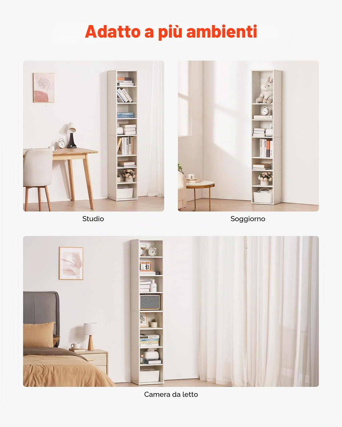 VEVOR Libreria Sottile a 8 Ripiani, Libreria Aperta in Legno Alta 180 cm con Ripiano Regolabile in Altezza, Espositore Autoportante per Riporre a Pavimento, Camera da Letto, Soggiorno, Ufficio, Bianco