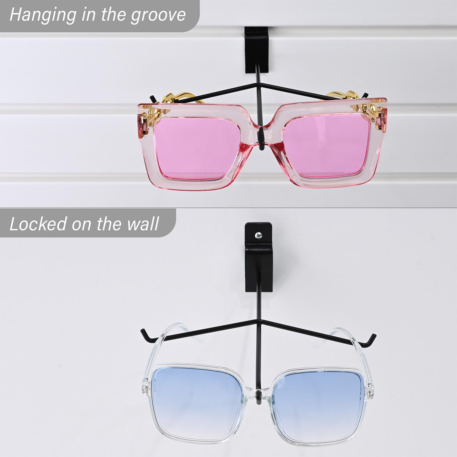 MOOCA Juego de 6 soportes de metal para gafas de sol para pared de listones, exhibición montada en la pared, muestra 180 grados de cualquier tamaño de gafas, color negro