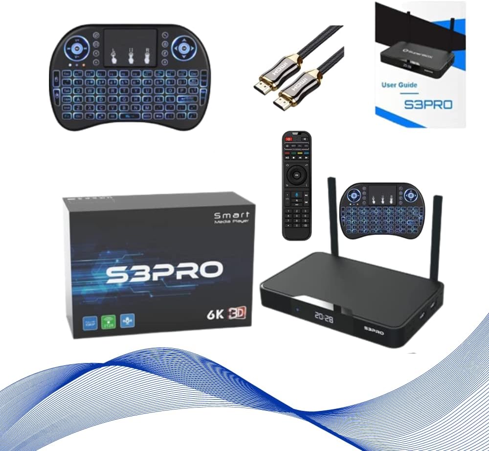 New 2022 Android TV Box S3 Pro, Android 9 with Voice Command Remote, Bonus 8K HDMI Cable, and Backlit Keyboard Remote