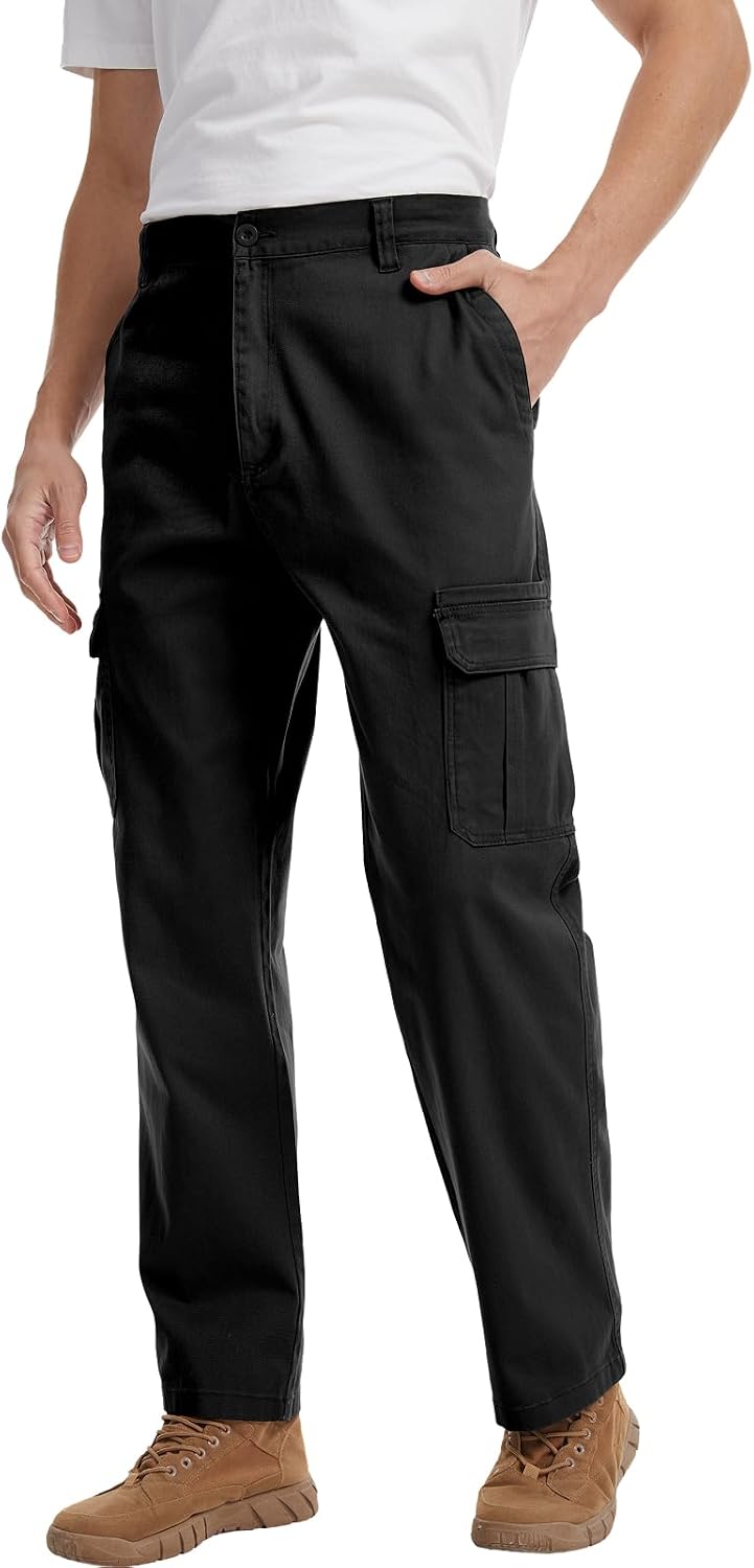 WORK IDEA Men's Stretch Cargo Pants, Relaxed Fit Flex Cotton Utility Trousers with 6 Pockets for Work, Outdoor & Travel