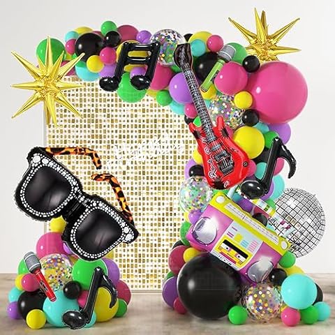 JOGAMS 80s 90s Party Decorations 165Pcs Balloons with Retro Inflatable Guitar Microphone Glasses Music Note Disco Ball Balloons for Back to 90s 80s Hip Hop Rock Theme Birthday Prom Party Cover