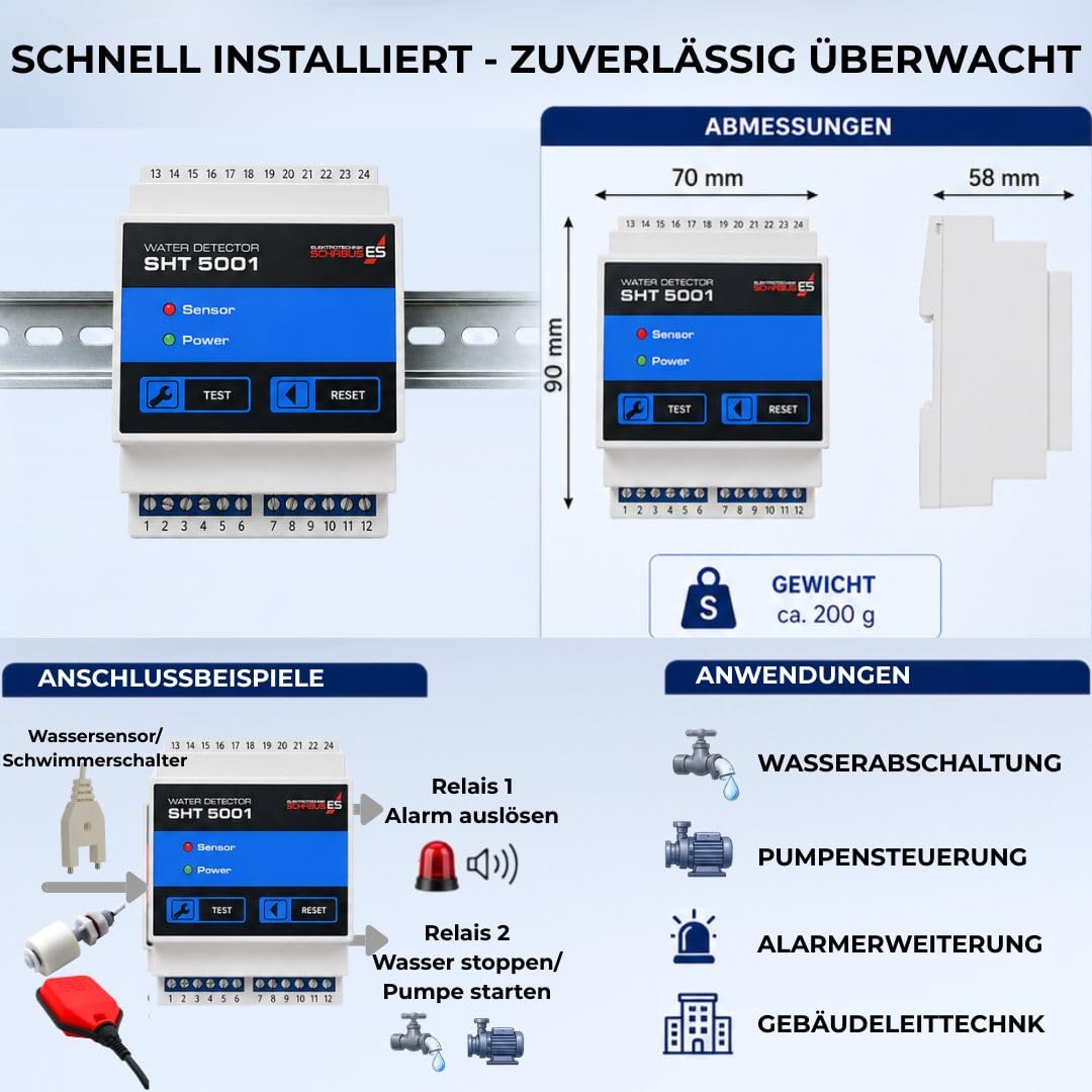 Schabus Wassermelder SHT 5001 DIN-Schiene, 2 Relais-Ausgänge | 2 Meldelinien, 12-24V DC, Professioneller Wasseralarm, Made in Germany