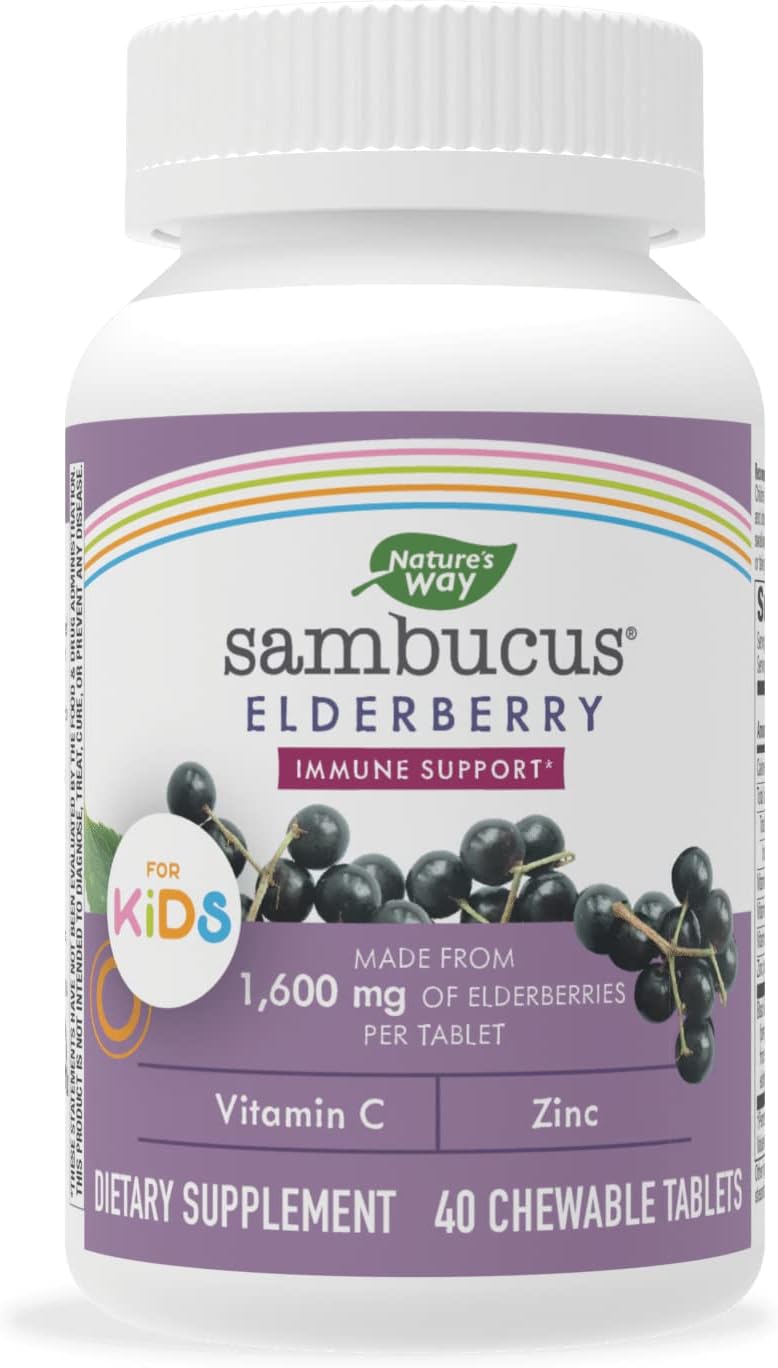 Nature's Way Sambucus Elderberry Kids Chewable with Vitamin A, Vitamin C, Zinc, Immune Support*, Berry Flavored, 40 Tablets