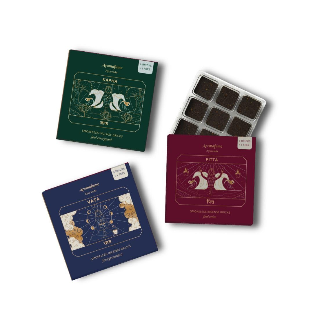 Ayurveda Incense Bricks Assorted Set | Vata, Pitta, Kapha | Aromatherapy Incense | Use for Grounding, Calming and Refreshing | Smokeless & Non-Toxic | 3 Trays x 9 bricks | Refill Pack | Aromafume