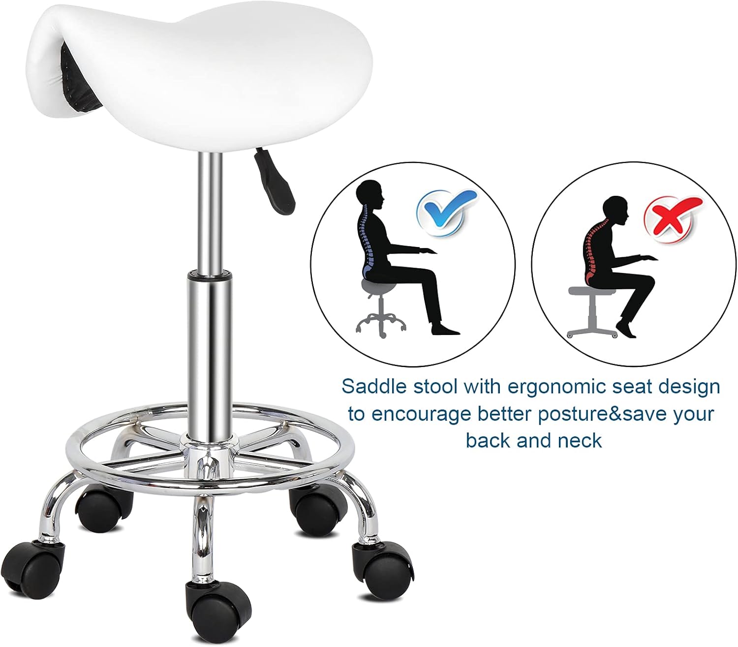 Modern Rolling Saddle Seat Stool Chair,PU Leather Swivel Adjustable Rolling Stools,Ergonomic Swivel Salon Spa Barstools,Office Drafting Chairs,with Wheels,for Home, Kitchen, Medical, Lab (White)