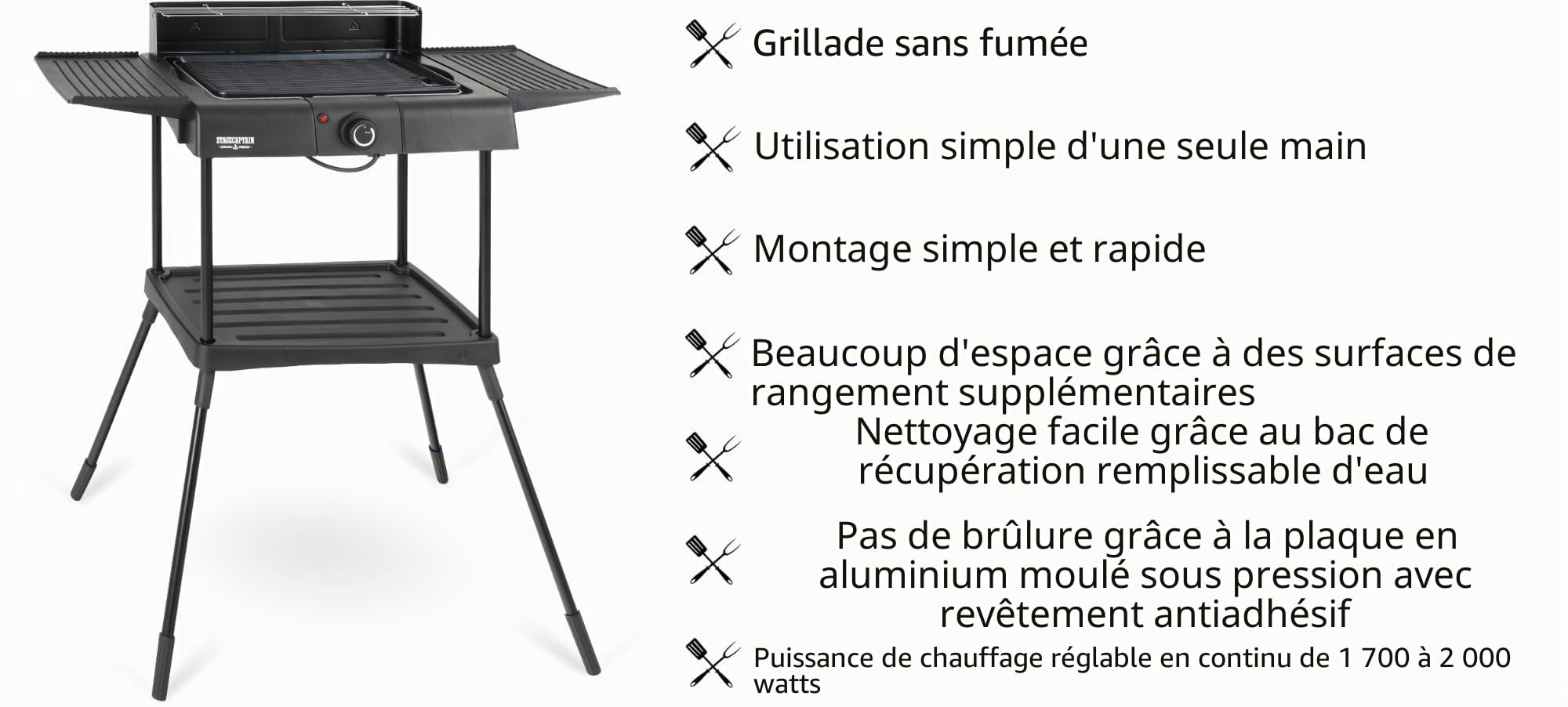 Stagecaptain EBBQ-2000 Grill Électrique 2000W 3en1 - Table/Pied, Grille & Plaque, Intérieur/Extérieur, Antiadhésif, Bac à Graisses, Réglage Continu.