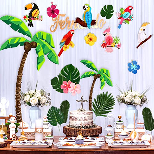 30 Pieces Cardstock Paper Palm Trees Hawaiian Hibiscus Flower Cutouts Honeycomb Birds Party Decorations Artificial Tropical Palm Leaves Luau Birthday Decorations For Tiki Rainforest Party Decoration #TOP6