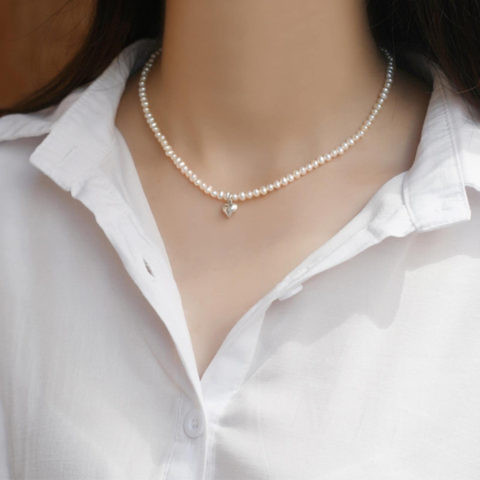 LOKILOKI Collar De Corazón De Plata De Ley 925 con Perlas De Agua Dulce Natural para Mujer, Regalo, Joyería Clásica