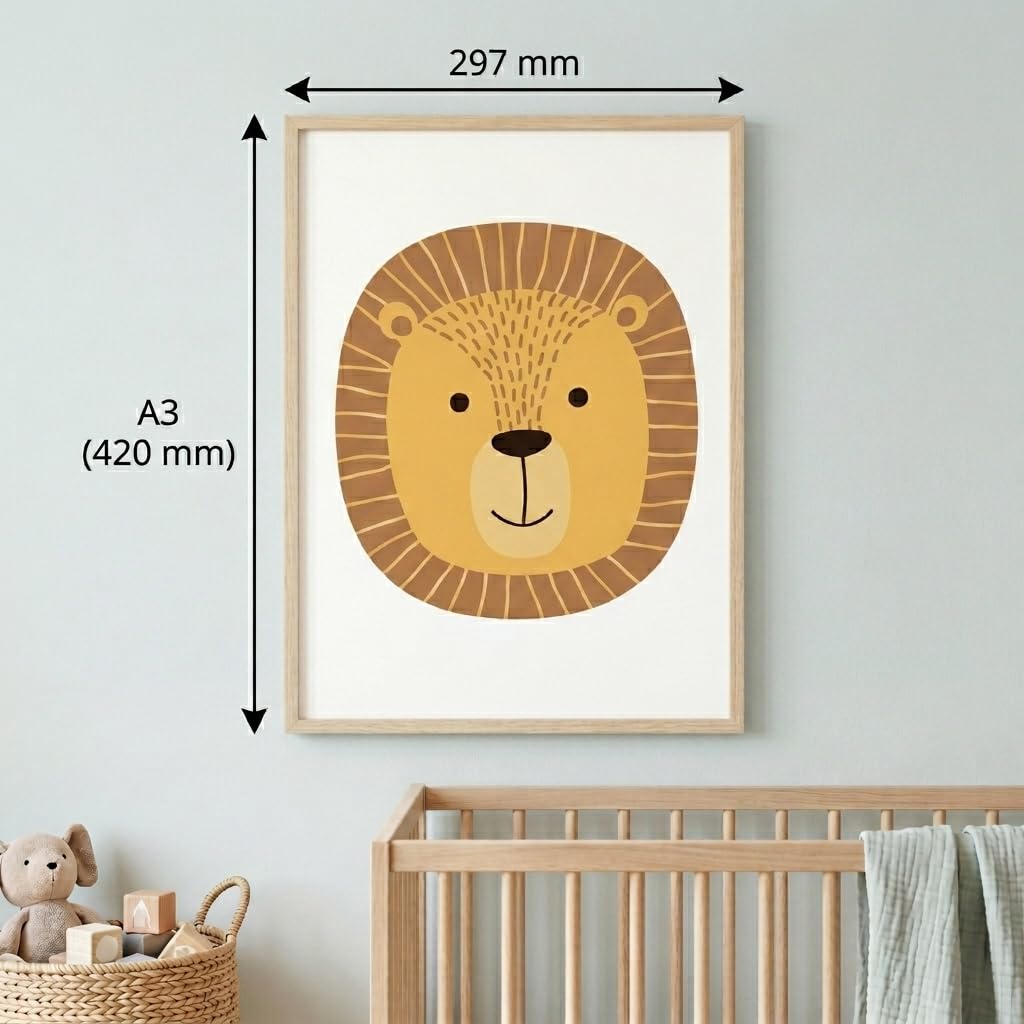 Set de 3 Cuadros Infantiles - Triptico Láminas Infantiles Personalizadas con Nombre e Inicial A3 - Decoración Habitación Bebé León y Arcoíris Boho Nordico Animales - Regalo Lienzo - Sin Marco (León)