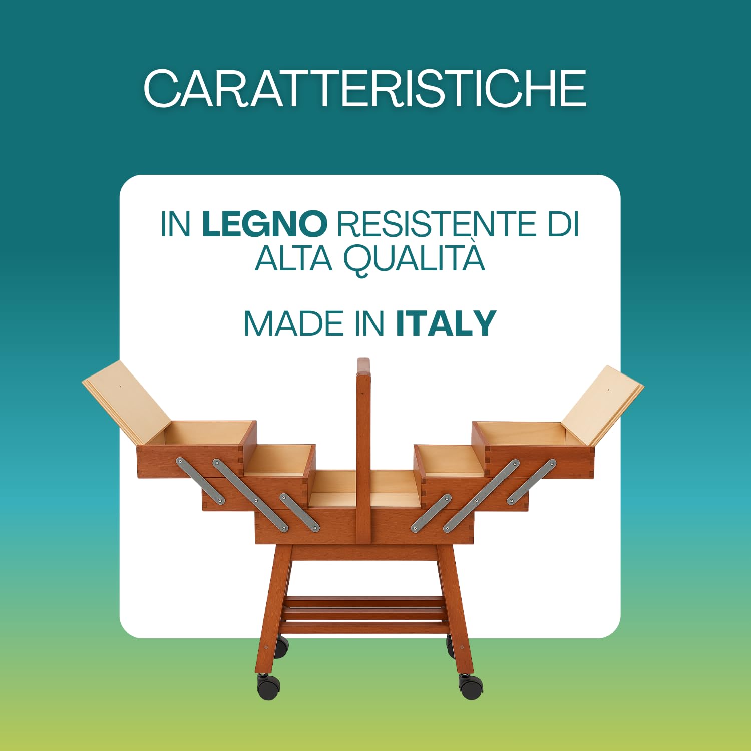 Paluplus Carrello Portacucito in Legno con Ruote, Misura 34x23x57 cm, Cestino a Scaletta a 3 Piani con 5 Scomparti per accessori cucito, sartoria e fai da te, Made in Italy -010F -5,4 (Noce)