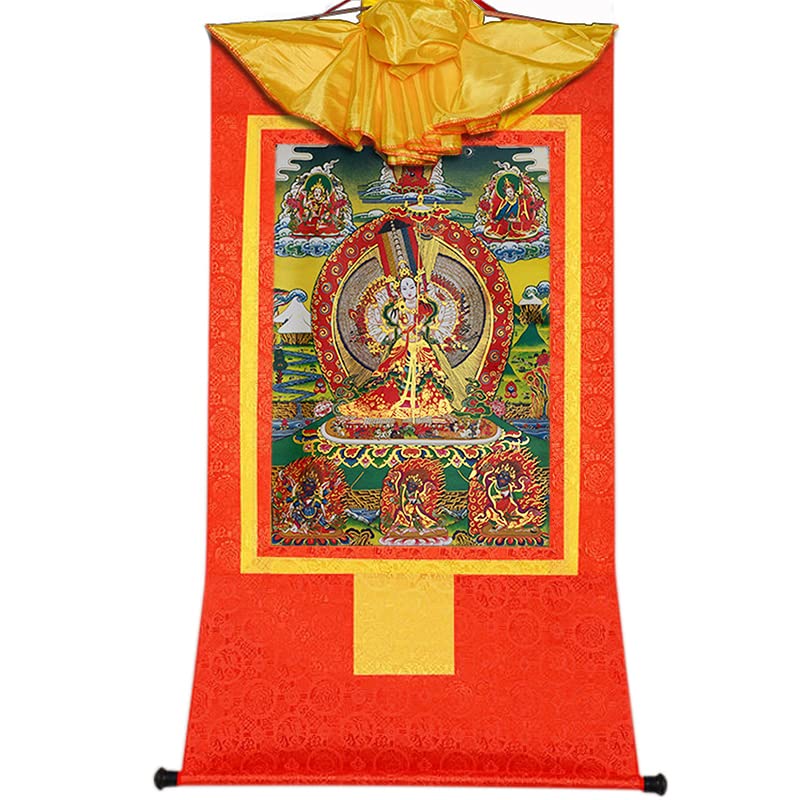 Gandhanra Tibetan Buddhist Thangka Wall Hanging,Usnisa Sitatapatra Thangka,Great White Umbrella Deity,Hot Stamped Brocade Buddhist Tapestry for Zen Home Decor, Meditation, Spiritual Relaxation