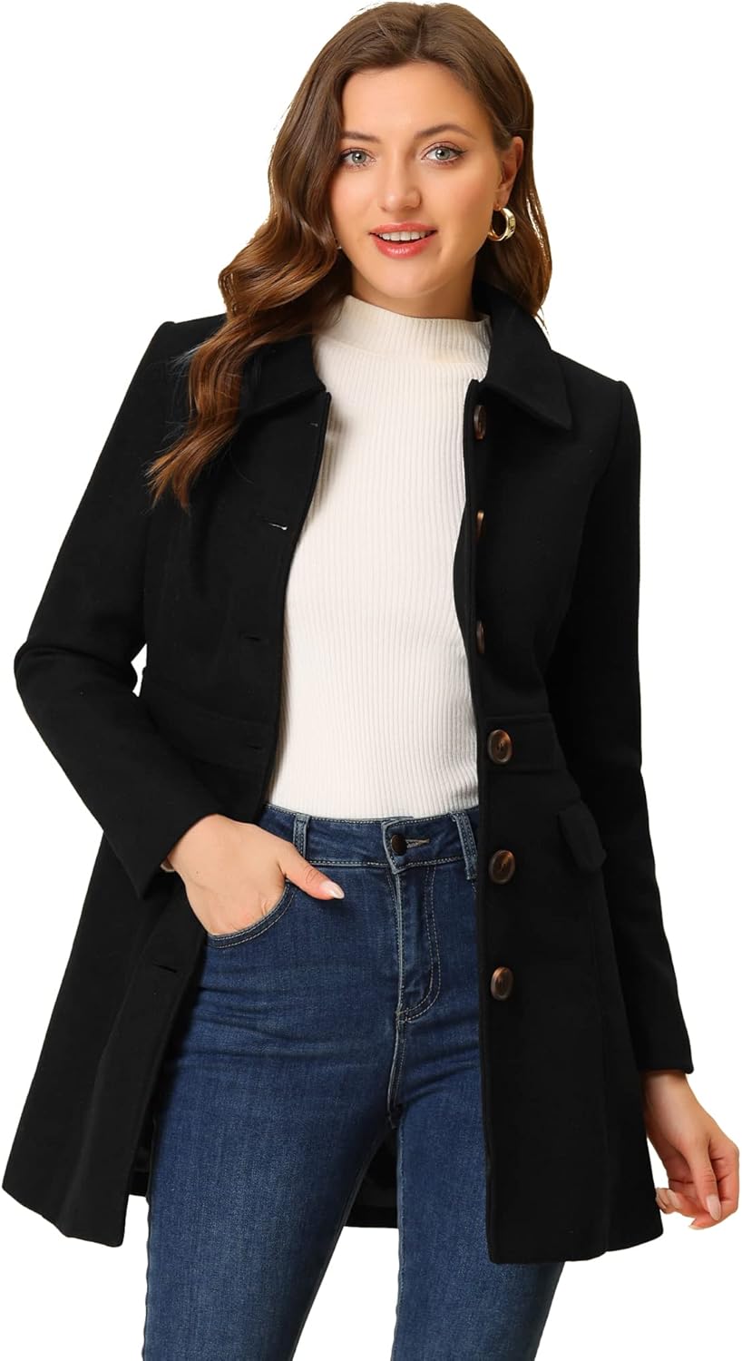 Allegra K Women's Winter Overcoat Peter Pan Collar Flap Pocket Single Breasted Coat