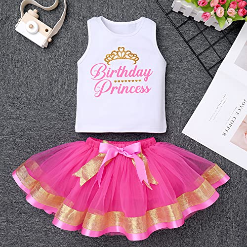 IBTOM CASTLE Toddler Baby Girl Princess Birthday Party Dress Sleeveless Printed Vest Tops+Tulle Tutu+Flower Crown Outfit4