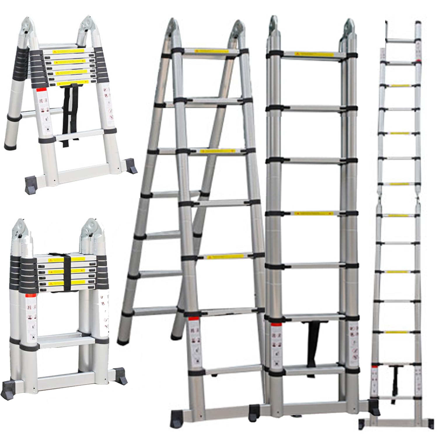 Tuffmate Silver Telescopic Ladder 4.4M Multi Purpose With Stabiliser, 2.1M + 2.1M, A Frame Or Straight, Multi Purpose Combination Step Ladder, Extension Ladder En131 Standards