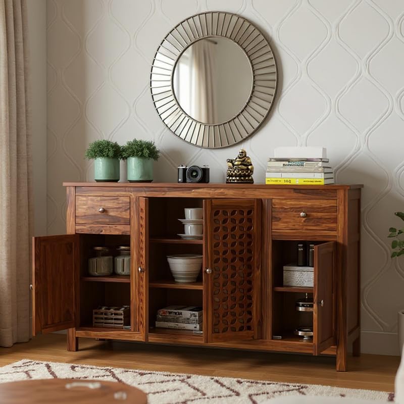 Image of Amazon Brand - Solimo Solid Sheesham Wood Minza Sideboard Cabinet with 2 Drawers & 4 Doors | Multipurpose Storage Organizer for Crockery, Bedroom Living Room, Kitchen & Office Furniture (Honey Finish)
