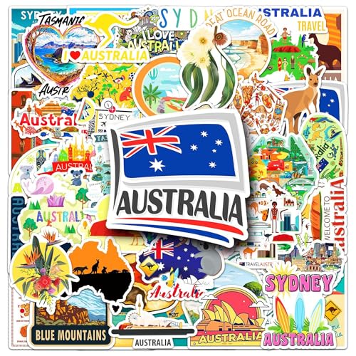 Nation: Australia Stickers, 50PCs, Australian Kangaroo Koala Stickers, Vinyl Decals, Laptop Water Bottle Stickers, Stickers for Hydro Flask, Skateboard, Kids Stickers, Party & Gift Stickers[Australia]