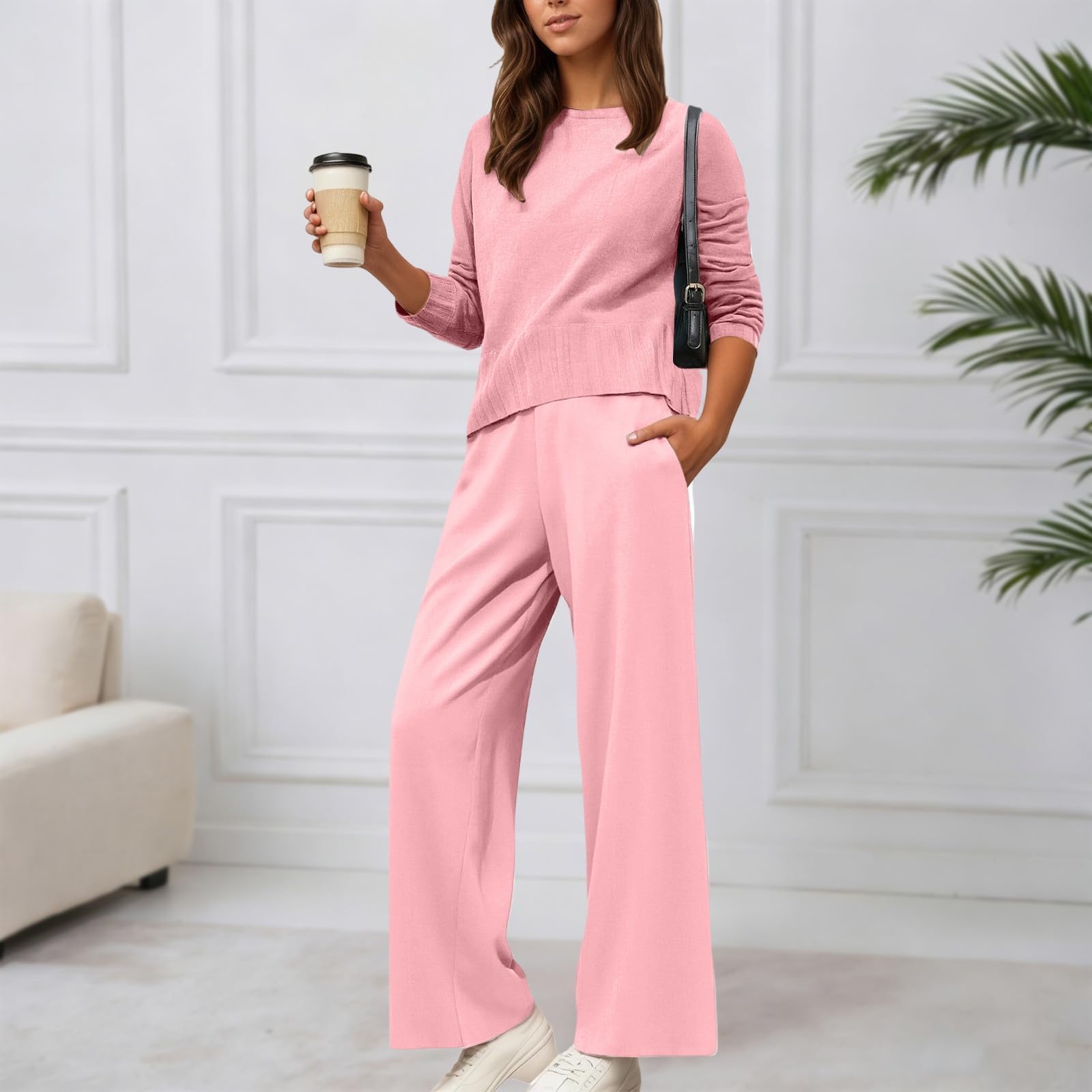 Generisch Tenue 2 pièces pour femme - Pull en tricot et pantalon - 2 pièces - Col rond - Avec cordon de serrage - Survêtement léger et confortable - Manches courtes - Vêtements d'intérieur