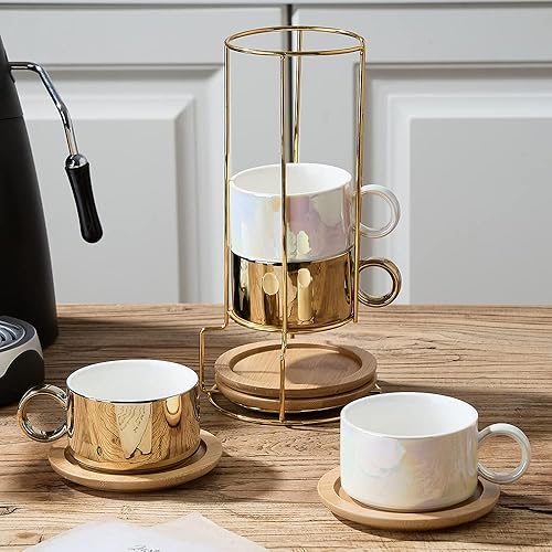 Miniatura 6 de LUKA Taza de café expreso de porcelana con platillos y soporte de metal, 6 onzas, apilables, de cerámica, demitasse, juego de tazas de capuchino