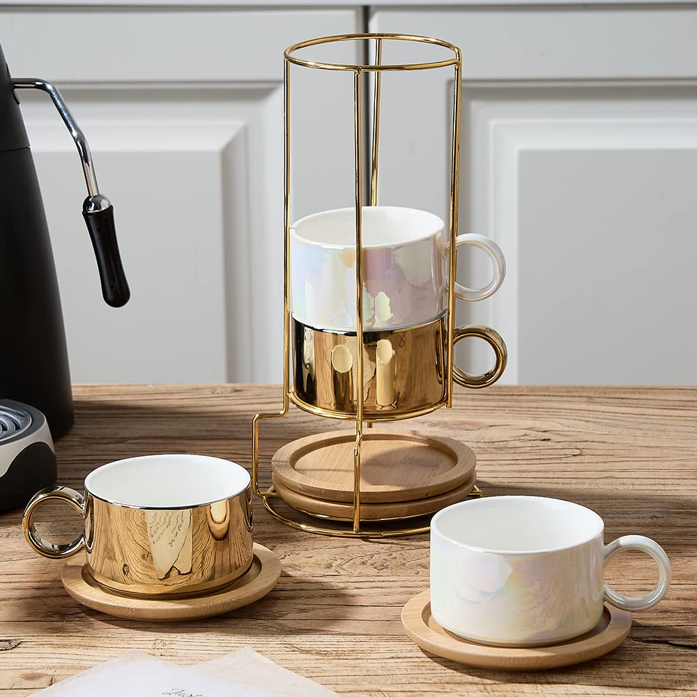 LUKA Porzellan-Espressotasse mit Untertassen und Metallständer, stapelbare Keramik-Demitasse-Espressotassen, Cappuccino-Tassen für Latte, Kaffee, Café, Mokka, Tee, 170 ml, schimmerndes Gold, 4 Stück