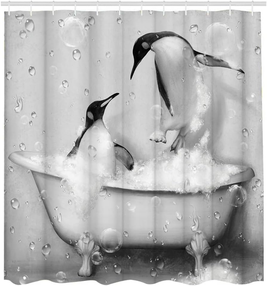 KREATIVE ARTS Funny Penguin Shower Curtain Cute Animal Takes Bath in Grey Bathtub with Bubbles Bathroom Curtain Fabric Shower Curtain Bathroom Accessories 12 Hooks 72x72