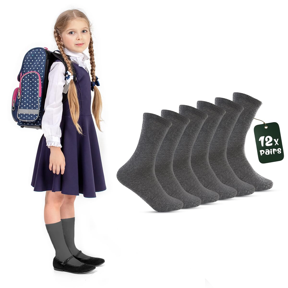 Lot de 12 paires de chaussettes pour enfants en coton majoritaire | Longueur mollet unisexe pour filles et garçons | Chaussettes d'école unies pour tous les jours, décontracté, PE, maison, hiver |
