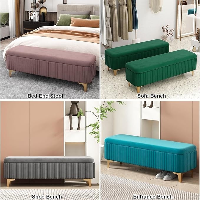 Image of LEGACY OF COMFORT Qwen Velvet Upholstered Flip Top Storage Bench 2 Seater Sofa Upholstered Ottoman Bench with Storage for Living Room, Bedroom (Green)