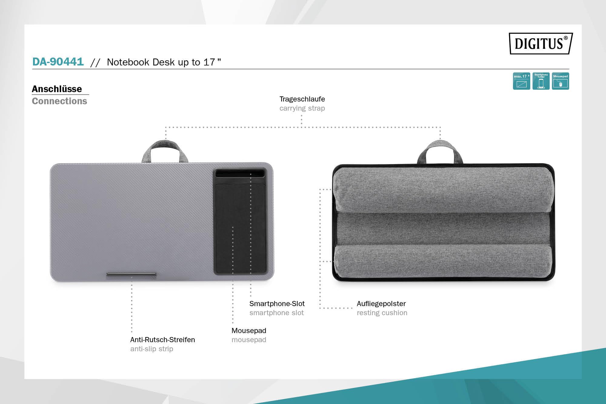 DIGITUS DA-90441 - Cojín para portátil - para portátiles de 17" - con Soporte para Smartphone - cojín para portátil - Mesa para portátil para Trabajar cómodamente Desde el sofá o la Cama - Gris