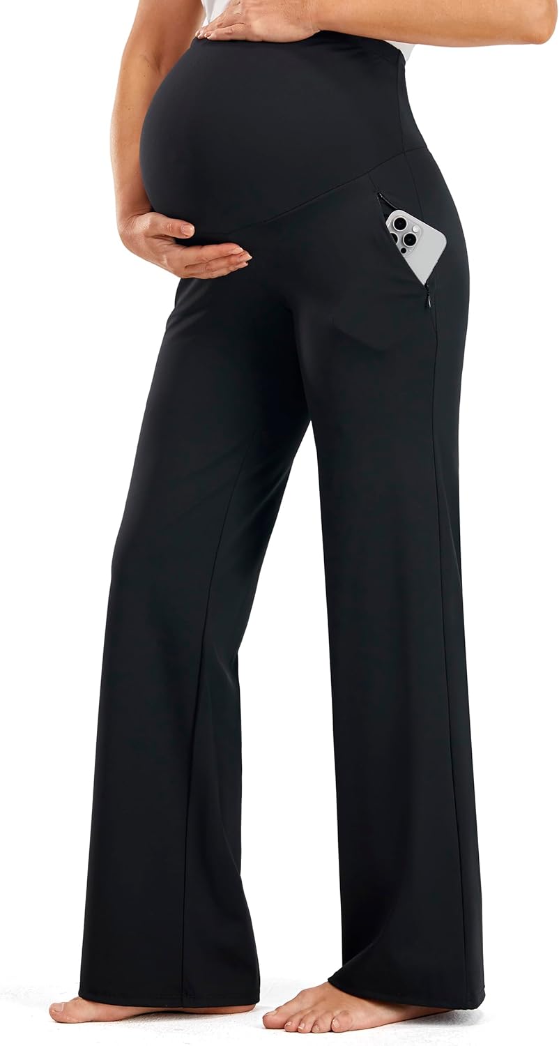 JOYSPELS Smooth Feeling Wide-Leg Maternity Work Pants Soft Pregnancy Yoga Pants with Zippered Pockets Over The Belly