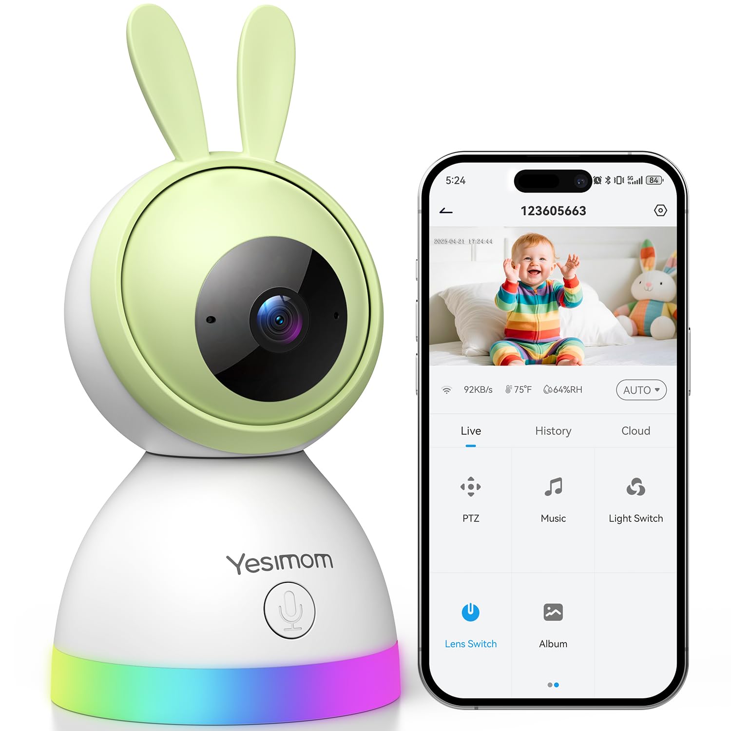 YESIMOM Baby Monitor, 360°PTZ 1080P Telecamera Wi-fi Interno per Bambini Videocamera Sorveglianza Interno per Neonato, Visione Notturna, Rilevamento Intelligente, Luce Notturna & Ninne Nanne